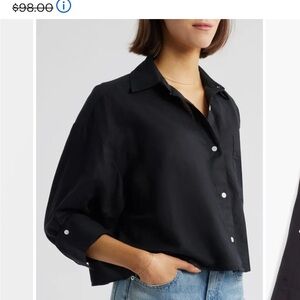 Madewell Straight Hem Crop Linen & Cotton Button-Up Black